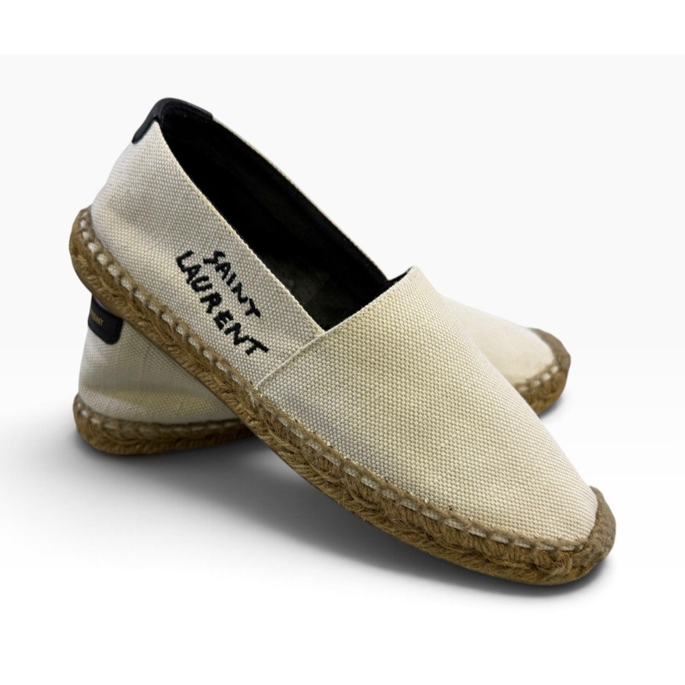 Saint Laurent YSL Cream Canvas Embroidered Logo Espadrilles Size 36.5